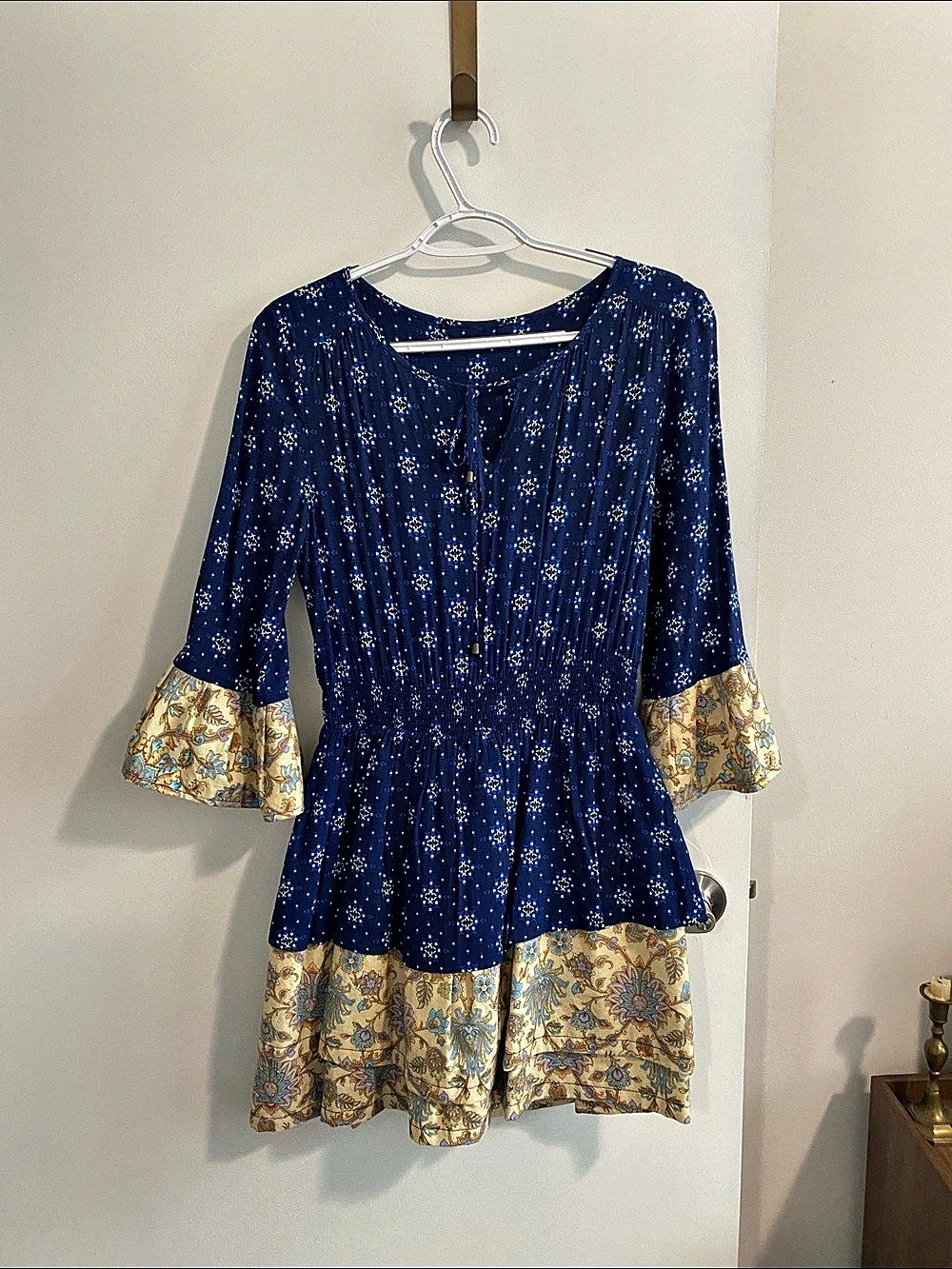 Two Tone Tiered Boho Floral Midi Dress